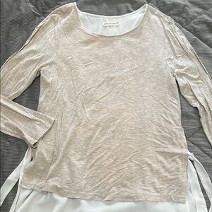 Tan & White 3/4 Sleeve Side Tie Blouse